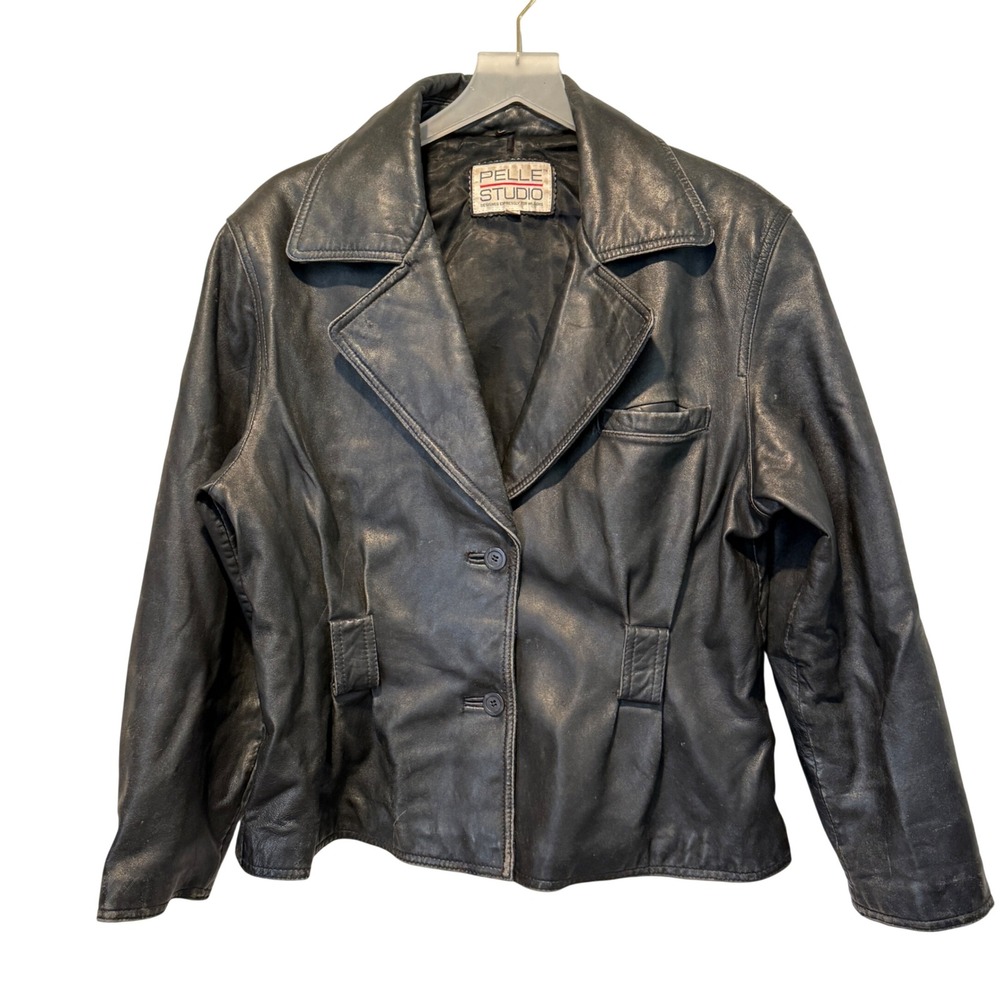 Pelle Studio Wilsons Leather Black Blazer Jacket Women Large Two Button Pleated